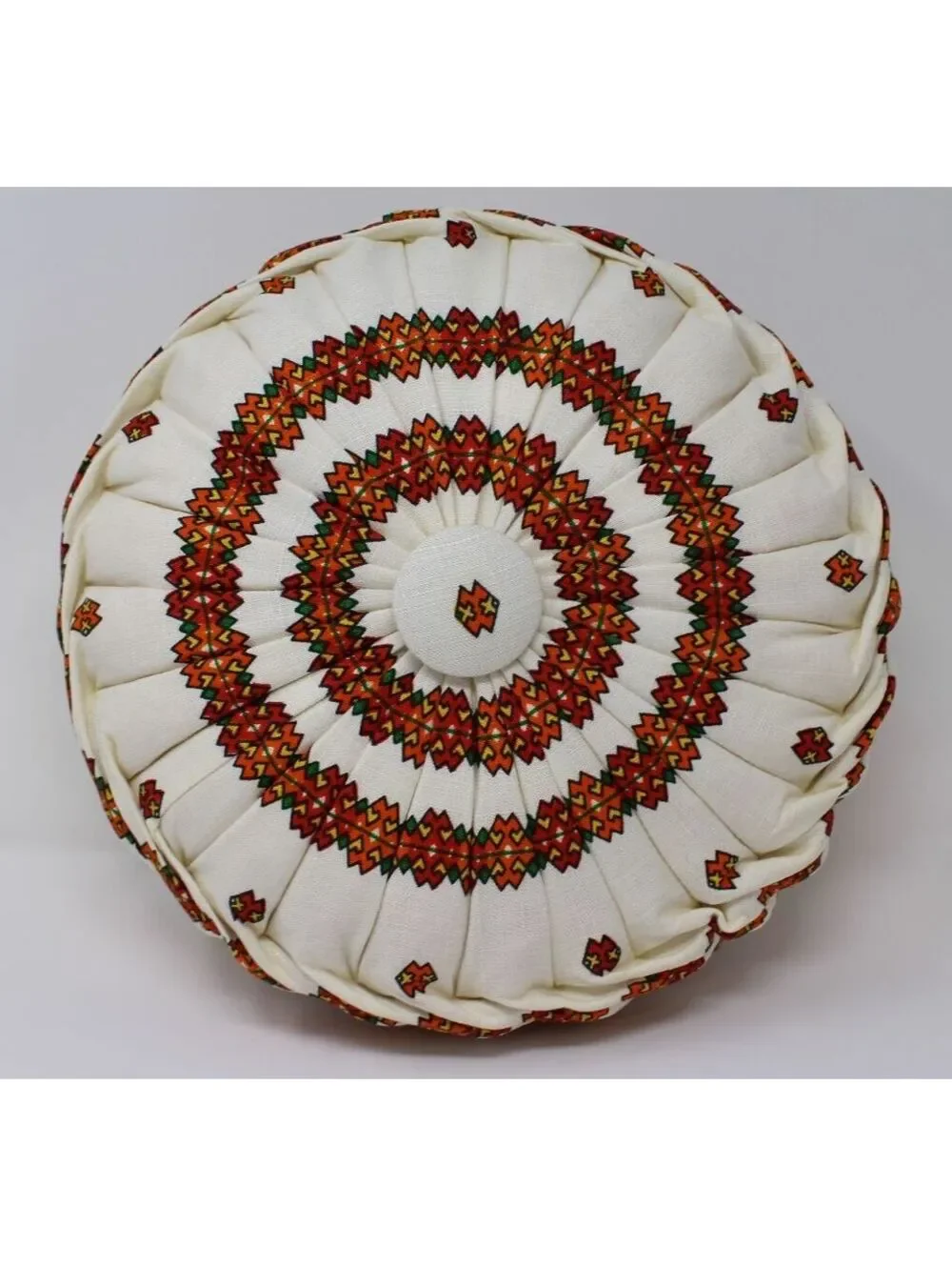 Vintage Round Pleated Throw Pillow Folk Art Embroidery Design Boho Cottagecore